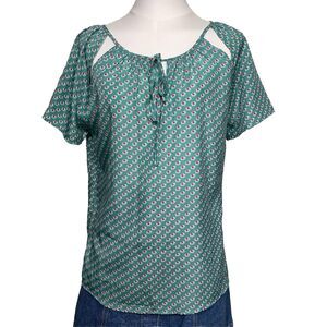 Tulle Elephant Print Blouse Women Small Teal Green Tie Neck Shoulder Cutout Top